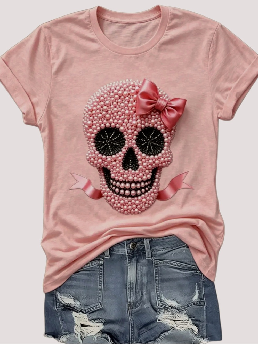 NWT Pink Pearl Beaded Skull Graphic Tee – Size L/XL – Cute Bow & Ribbon Detail